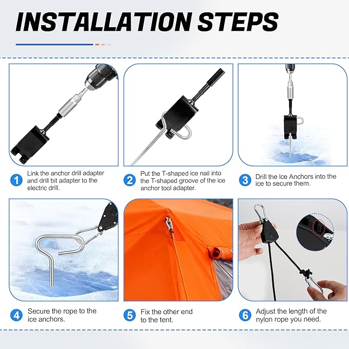 Ice Anchor Tool Kit for Ice Fishing Shelter - 6PC Heavy Duty Ice Tent Shelter Stakes and Drill Bit 1/4" Adapter, Rope Hanger Ice Fishing Tent Accessories
