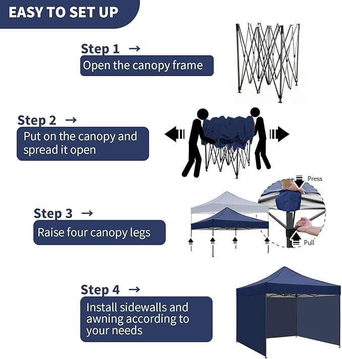 10x10 Durable Pop Up Canopy Tent with Sidewalls, Waterproof Attachable Tent Wall, Privacy Shade for Outdoor Events, Camping, Farmers Market (Navy Blue)