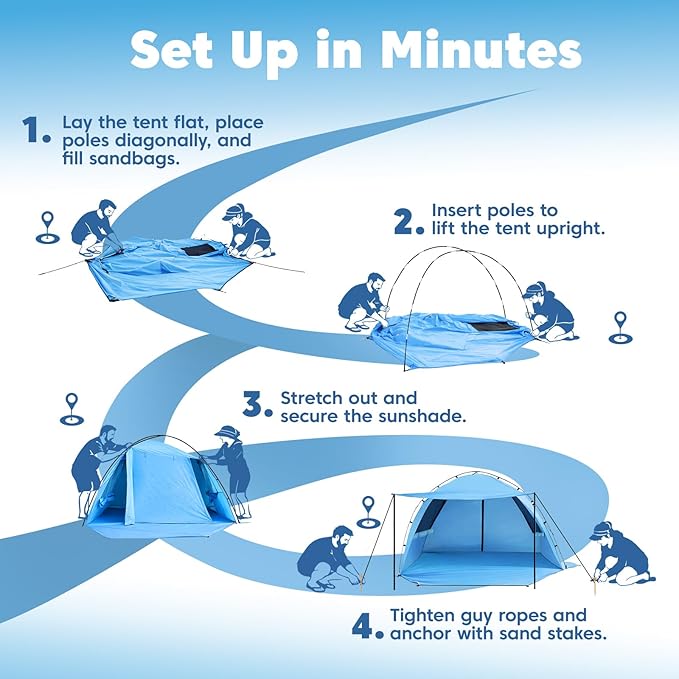 Beach Tent Sun Shelter - 2/3/4 Person UPF 50+ UV Tents with Canopy, Easy Setup Lightweight Beach Shade Tent, Portable Beach Cabana Sun Shade Shelter