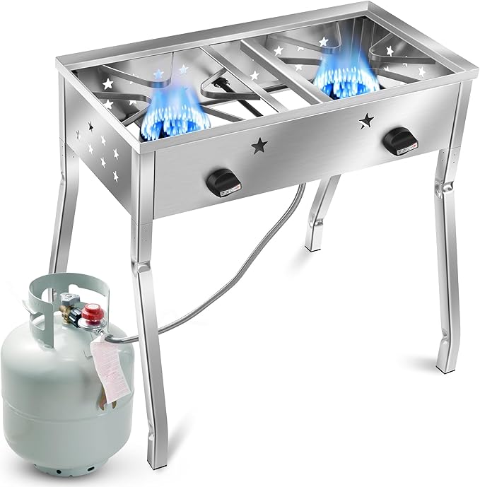 ARC Double Burner Propane Stove, Stainless Steel Camping Stove with 150,000 BTU/H, Easy-Assemble, 20PSI Regulator and Hose, Ideal for Outdoor Cooking,Camping and Gatherings (Stainless Steel)
