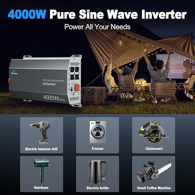 4000W Pure Sine Wave Inverter 12V DC to 110V/120V AC Converter, 8000W Peak, LCD Remote Control, 4 AC Outlets, USB & Type-C – Heavy Duty for RV, Truck, Off-Grid Solar, Home Emergency Power