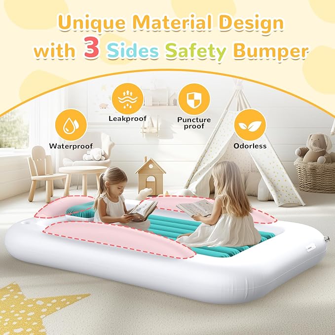 Inflatable Toddler Travel Bed - Portable Toddler Kids Travel Bed with Safety Sides Complete Kids Air Mattress Set with High-Speed Pump, Ideal for Vacation Camping and Sleepover (60 Inches)
