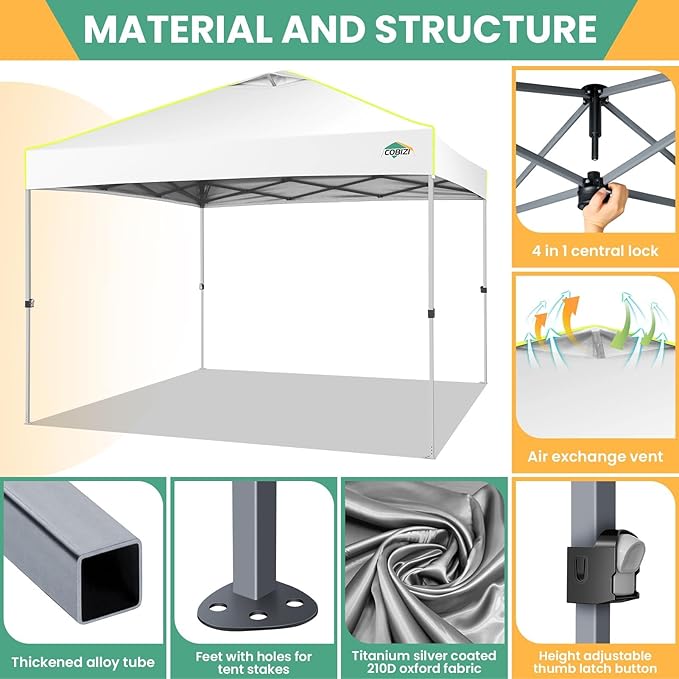 COBIZI 10x10 Pop Up Canopy Tent, Outdoor Party Tent with 4 Sidewall One Push Setup Glow, 3 Adjustable Height Air Vent Waterproof UPF50+, Bag, 4 Sandbag, 8 Stake, 4 Rope for Beach, Commercial