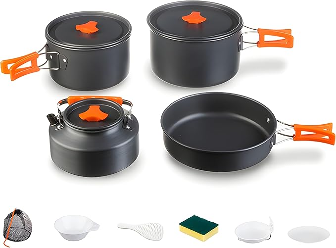 Collapsible Camping Cookware Set, Portable 4-in-1 Outdoor Camping pots and Pans Set with Nonstick Frypan, Pot, Kettle & Carry Bag, Hard-Anodized Aluminum for Camping, Hiking (2-6 Person)