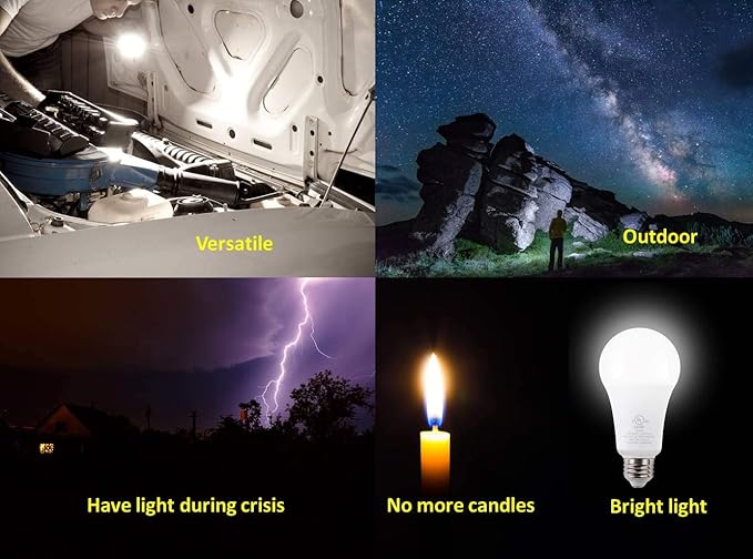 5W Rechargeable Emergency LED Light Bulbs with Back Up Battery for Power Outage, Camping, Hurricane, Disaster Planning, 40W Equivalent, UL Certified (5000K Daylight White, 2-Pack)