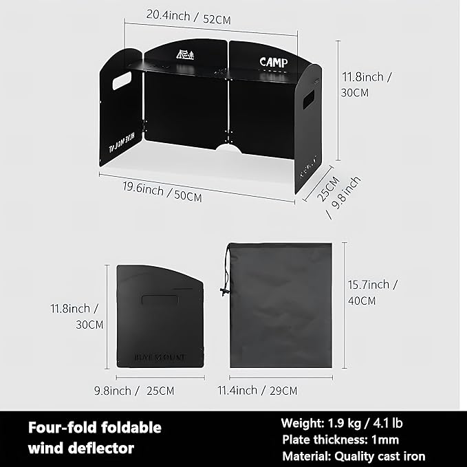 Outdoor Wind Deflector,Cassette Stove Folding Wind Deflector, Steel Windproof Hood for Stove, Gas Stove Wind Deflector, Camping Thickened Stove Ring, Portable 4 Plates Wind Blocker (Black)