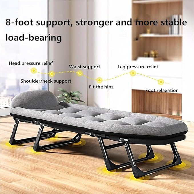 Cotton Linen Camping Cot, Space Saving Folding Bed for Adults, 6-Position Folding Chaise Lounge Chair for Indoor Outdoor