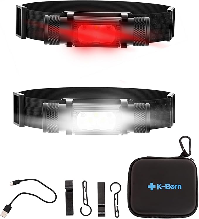 K-Bern Rechargeable Headlamp. 1000 Lumen, Ultra Bright Head Lights for Forehead. Waterproof, Lightweight Aluminum, 2600mAh Battery, Perfect for Dog Walking (Ultra Bright Red & White - 3500mAh)