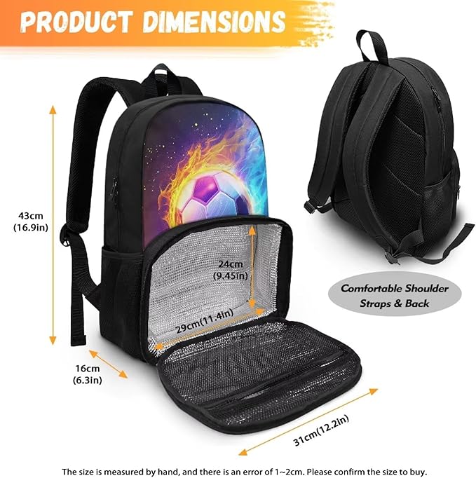 Orange & Blue Fire Soccer Insulated Cooler Lunch Bag Backpack Fashion Laptop Backpack Computer Bag Meal Prep Backpack for Picnic College Travel Kids School Bookbag
