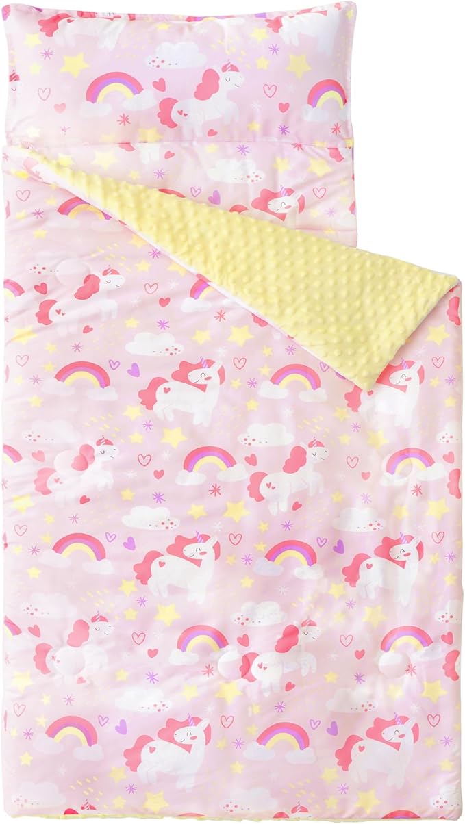 Bunnikins & Clover Toddler Nap Mat with Removable Pillow, Nap Mats for Preschool, Easy Clean Toddler Nap Pad for Kindergarten, Kids Sleeping Bag for Travel Camping