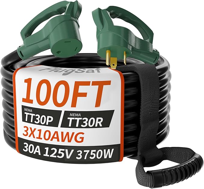 100 FT 30 Amp RV Extension Cord Outdoor with Grip Handle, Flexible Heavy Duty 10/3 Gauge STW RV Power Cord Waterproof with Cable Organizer, NEMA TT-30P to TT-30R, Black-Green, ETL Listed