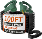 100 FT 30 Amp RV Extension Cord Outdoor with Grip Handle, Flexible Heavy Duty 10/3 Gauge STW RV Power Cord Waterproof with Cable Organizer, NEMA TT-30P to TT-30R, Black-Green, ETL Listed