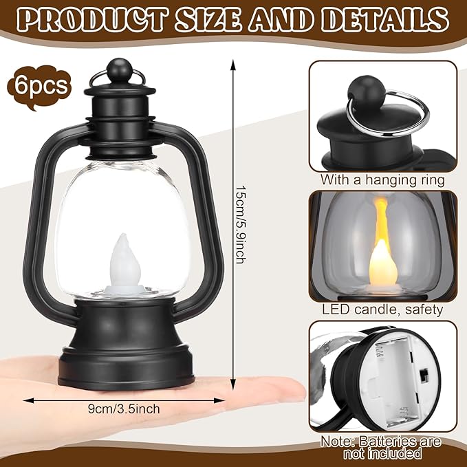 Ferraycle 6 Pcs Mini Lantern Decor 4 Inch Western Lantern Table Centerpiece Small Vintage Camping Hanging Lamp Ornaments Bulk for Cowboy Cowgirl Wedding Halloween Christmas (6 Inch,Black)