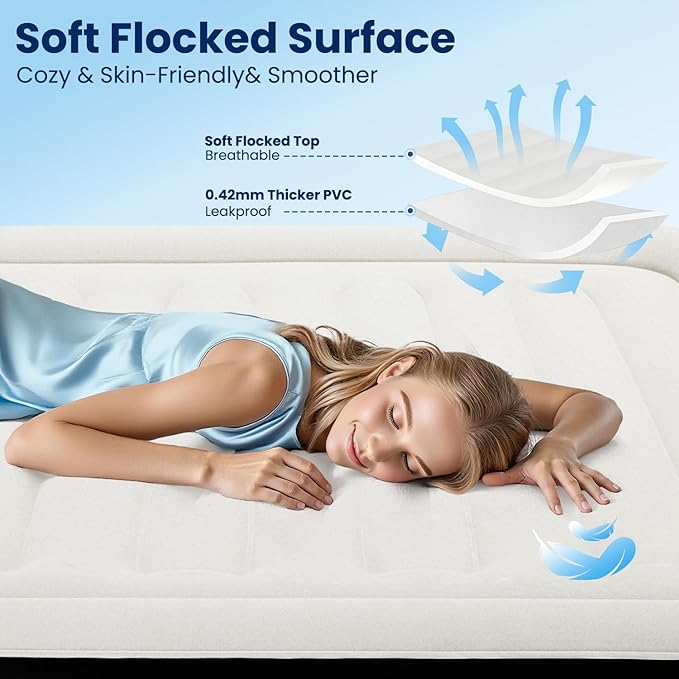 Air Mattress Queen with Built in Pump, Inflatable Blow Up Mattress 18" Raised, Multi-Layer Leakproof, Heavy-Duty Support 800 lbs, Air Bed Queen Size for Home Guests Camping, 3-Min Inflation