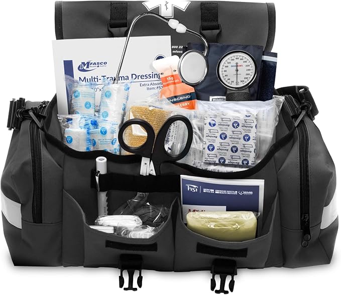 MFASCO Complete Emergency Response First Aid Kit Trauma Bag - 415 Piece Fully Stocked Supplies for Disaster Preparedness | for Business, Schools, Organizations, Groups, Home Safety (Reflective Black)