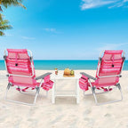 GYMAX Beach Chairs, Backpack Camping Chair with Armrest, Cooler Bag, Cup Holder, Towel Bar & Side Pockets, Sunbath Sling Tanning Lounge, Folding Layout Chair (4 Chairs Without Table, Pink Stripe)