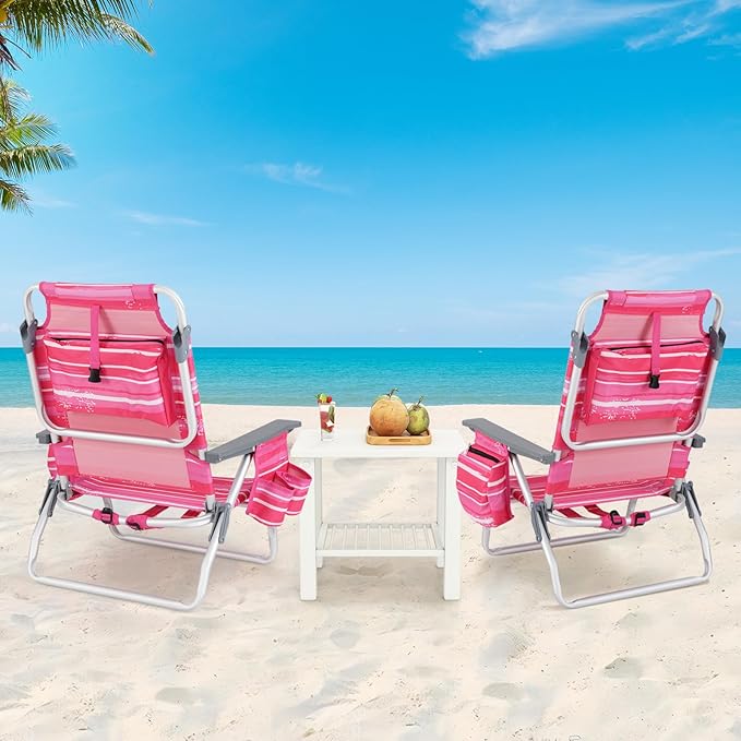 GYMAX Beach Chairs, Backpack Camping Chair with Armrest, Cooler Bag, Cup Holder, Towel Bar & Side Pockets, Sunbath Sling Tanning Lounge, Folding Layout Chair (4 Chairs Without Table, Pink Stripe)