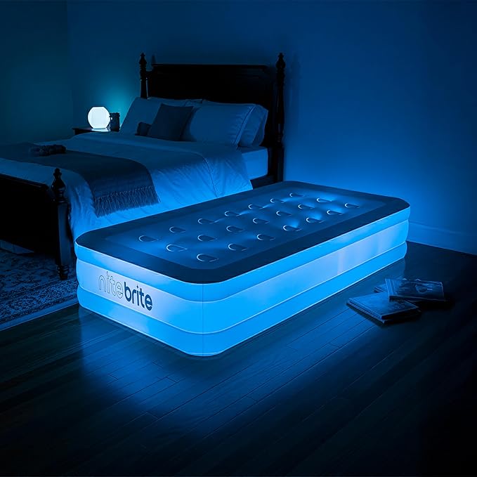 AirCandy Nite Brite Twin Inflatable Air Mattress with LED Lights – 15” Raised Blow Up Bed, USB Powered Color-Changing Glow, Flocked Top, Guest & Sleepover Bed