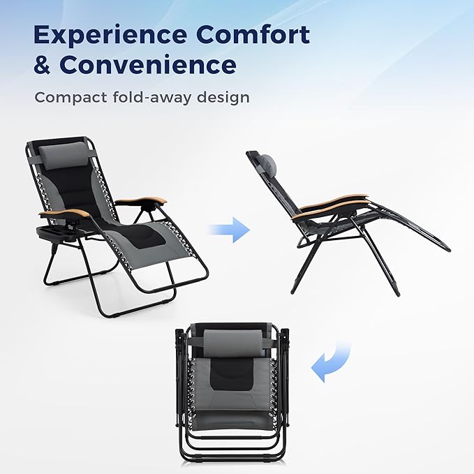 MAISON ARTS Oversized XXL Padded Zero Gravity Chair, 30" Wide Seat Foldable Patio Recliner, Anti Gravity Outdoor Lawn Chair with Cup Holder & Pillow, Supports 400lbs, Grey