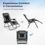 MAISON ARTS Oversized XXL Padded Zero Gravity Chair Set of 2, 30" Wide Seat Foldable Patio Recliner, Anti Gravity Outdoor Lawn Chair with Cup Holder & Pillow, Supports 400lbs, Grey