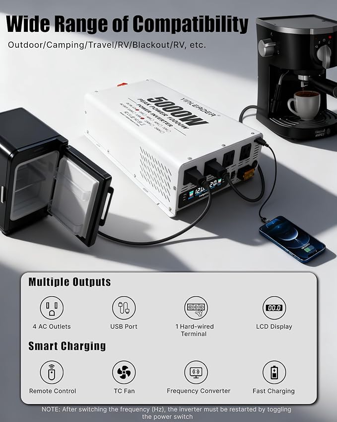 5000 watt Power Inverter 12V to 110V/120V, Solar Inverter Remote for RV Camping Off-Grid Solar Inverter Systems