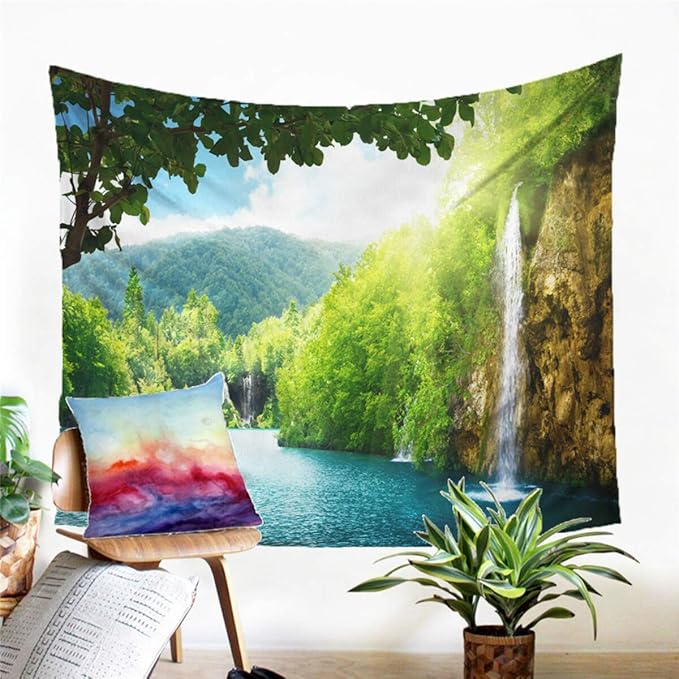 Forest Waterfall Tapestry Wall Hanging Sandy Beach Picnic Rug Camping Tent Sleeping Pad Home Decor Bedspread Sheet Wall Cloth (60x51inch,3)
