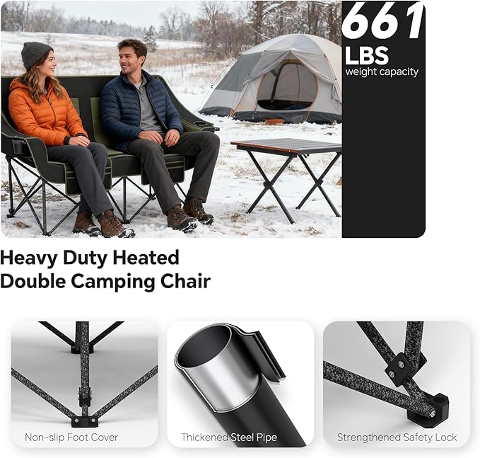SHIJING Heated Double Camping Chair for Adults with 3 Heating Levels, 661lbs Weight Capacity, Portable Folding Heated Chair for Outdoor, Beach, RV, Picnic & Lawn (Battery Not Included)