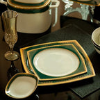Square Stoneware Tableware Set 58-Piece Phnom Penh Bone China Porcelain Tableware Set, Service for 6-10, Green
