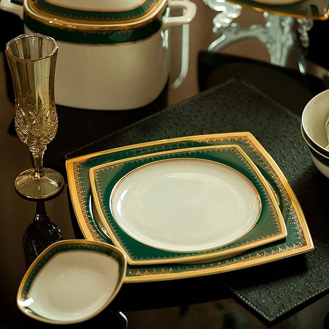 Square Stoneware Tableware Set 58-Piece Phnom Penh Bone China Porcelain Tableware Set, Service for 6-10, Green