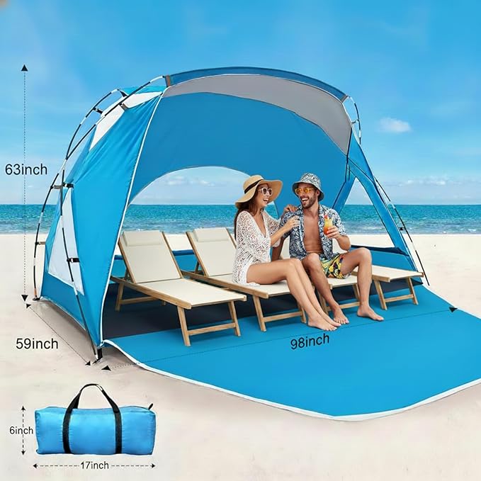 Beach Tent, Portable Sun Shelter for 2/3/4/6-8 Person with UPF 50+ UV Protection, Easy Setup Waterproof Beach Shade Canopy Cabana for Family Outdoor and Picnics, Fishing with Carrying Bag