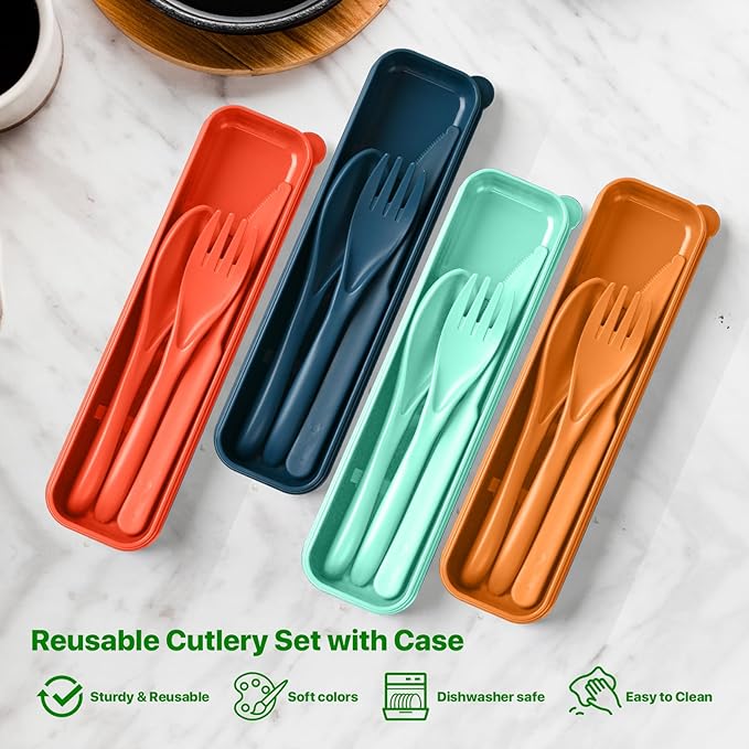 Travel Utensils Set with Case, 8 Sets Camping Utensils Reusable Wheat Straw Utensils Set With Case, Knife Spoon and Fork Set for Lunch Box