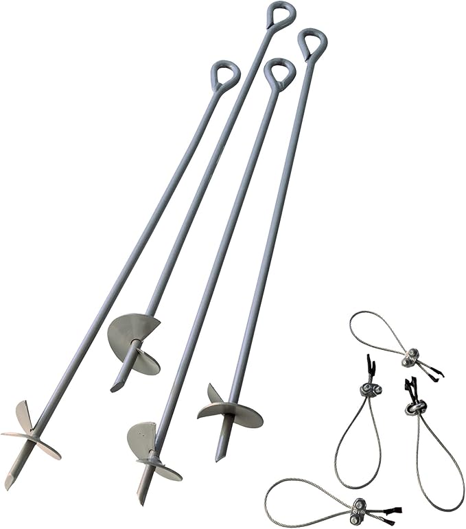 ShelterLogic ShelterAuger 4-Piece 30-Inch Reusable Heavy Duty Steel Earth Auger Anchor Kit with 4 Clamp-on Wire Tie-Downs for Anchoring Shelters, Canopies, and Instant Garages, Silver
