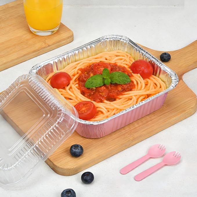 (35-Pack) Pink 8x8 Inch Disposable Aluminum Pans with Plastic Lids,Stickers and Cake Spoons,Square Cake Pans for Parties,Baking Trays,Foil Pans for Holiday Cooking, Parties Meal Prep, Storage