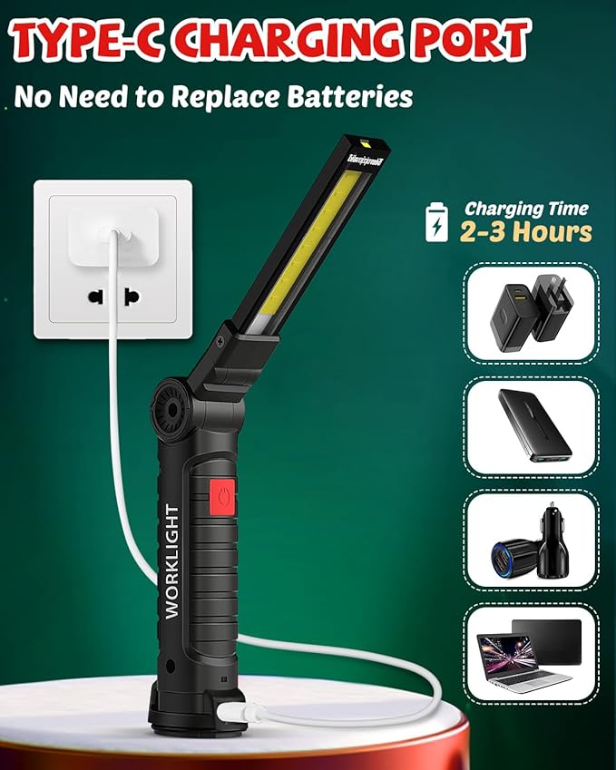 Coquimbo Tool Gifts for Men Him Dad Husband, Rechargeable LED Work Light BBQ Grill with Magnetic Base Hook, 360° Rotate Mechanic Flashlight Mens Easter Birthday Gifts (2 Pack Black)