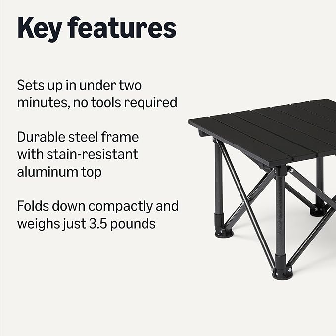 Amazon Basics Camping Table, Made of Alloy Steel and Aluminum, Small, Folding, Camping Essentials, Black