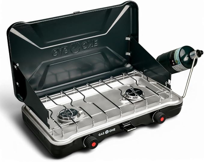 GasOne PS-2500MBA Portable Camping Stove – Double Propane Stove with Auto Twist Turn Ignition – 22,000 BTU Camping Cooktop with 2 Burners and Wind Guard – Ideal for Tailgating, Fishing, Travel