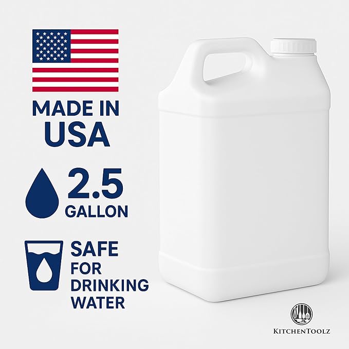 kitchentoolz 2.5 Gallon Water Jug – Heavy-Duty HDPE Carboy for Automotive Used Oil & Liquid Storage – 10 Quart Mixing Container with Secure Lid – Made in USA - White