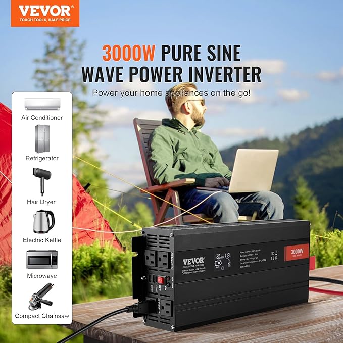 VEVOR 3000W Pure Sine Wave Inverter, DC 12V to AC 120V Power Inverter for Truck RV Off-Grid, Car Inverters with 4 AC, 2 USB, Type-C Port, LCD Display and Remote Controller for Large Home Appliances