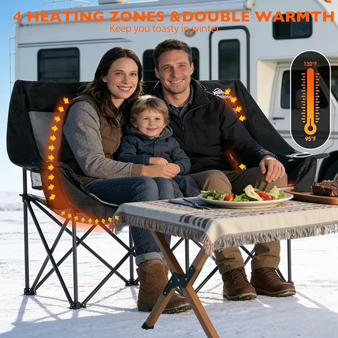 Heated Double Camping Chair Heated Camping Chair 4 Heating Zones Heated Chair Outdoor Sport Heated Folding Chair for Adults (Battery Not Included)