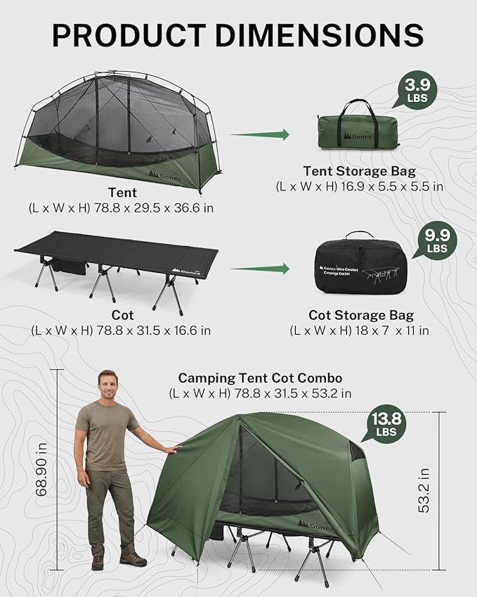 Gonex Camping Tent Cot for Adults, 1-Person Off-Ground Folding Portable Easy Set-up Tent Cot Combo for Hiking, Backpacking, Car & Motorcycle Camping(31.5" W X 78.7" L)-Army Green