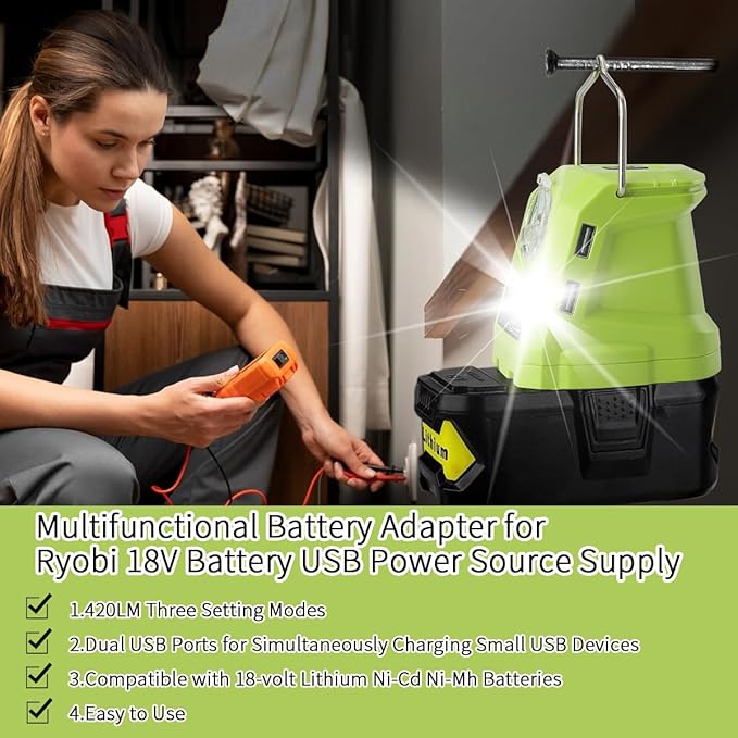 Battery Adapter for Ryobi 18volt One+ P107 P108 Li-ion Battery,Portable Power Source Converter with Dual USB Phone Charge Port,420LM Flashlight LED Work Light with Hook,Outdoor Lantern Camping Lamp