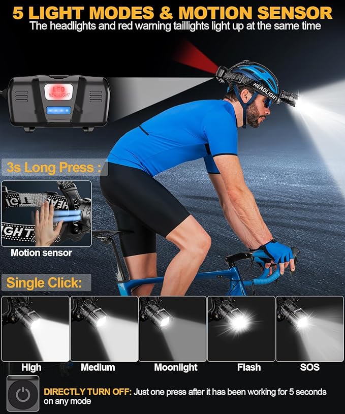 High Lumens LED Headlamp& 100H Using Time, USB Rechargeable Head lamp, 90° Adjustable Widebeam Motion Sensor Head Light with 5 Modes,Zoomable for Camping Running Hiking,Hard Hat Headlamps 4pc