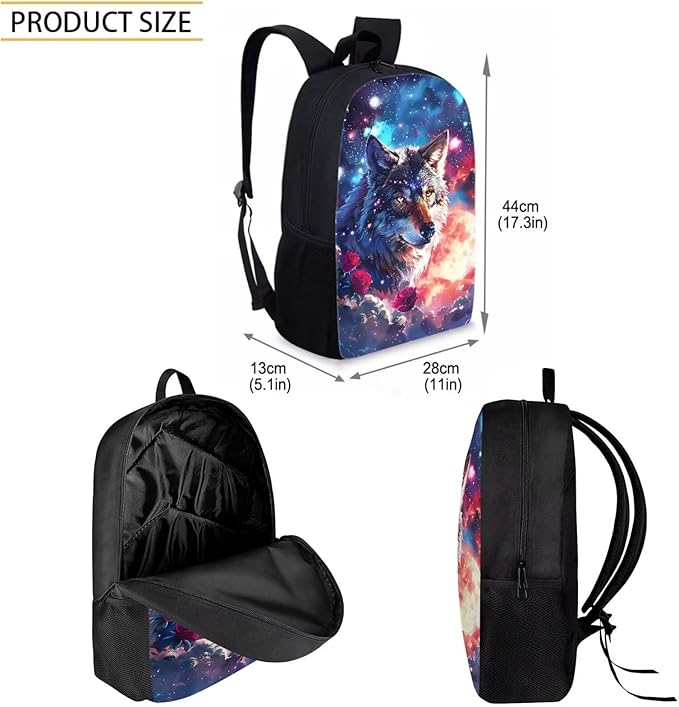 Wolf Backpack for School Space Galaxy Bookbag and Lunch Box Set for Boys Cool Lightweight School Bags for Boys 6-8 Ages Insulated Lunch Bags 3 in 1 Back to School Gifts