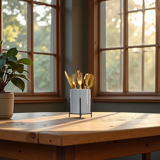 Stable Cutlery Holder White Ceramic With Metal Bracket Robust Silverware Caddy(1 pieces)4.33-3.14 inch Square golden 1pcs