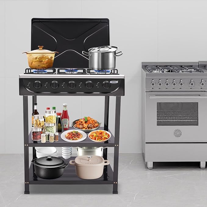 Gas Stove 5 Burner, Portable Natural Gas Stove Outdoor Camping BBQ Stove Gas Cooker with 2 Tier Storage Rack, for RV, Apartment, Outdoor Cooking (Black, 5-Burner)