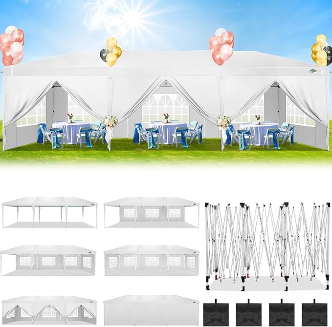 COBIZI 10x30 Pop Up Canopy Tent for Parties with 8 Sidewalls Waterproof Commercial Instant Canopy 10x30 Party Tent for Backyard, Wedding Portable Outdoor Gazebo with Carrybag&4 Sandbags(White