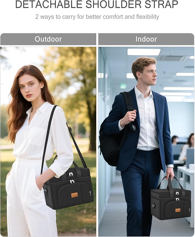 Rnivvi Lunch Box for Men, Double Decker Insulated Cooler Bag Lunch Bag Reusable Leakproof Tote Lunch Container with Strap for Work Family Picnic Hiking Camping, 18 Cans 12L, Large Adults, Black
