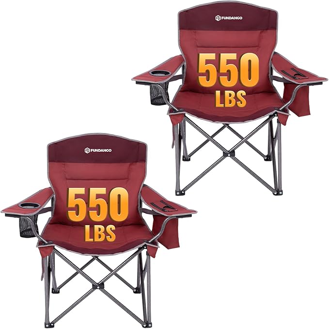 FUNDANGO Oversized Camping Chairs for Adults, Heavy Duty Fold Up Sports Games Lawn Chairs, Extra Wide Big Man Outdoor Chairs with Padded Lumbar Support Backrest, Bag Included for Camp, Beach, 2 Pack