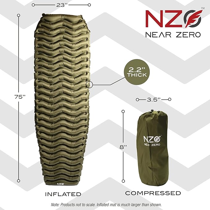 NEAR ZERO Ultralight Inflatable Sleeping Pad – Compact 14.5 oz Air Pad 2" Thick, Quick Inflate with 11 Breaths, Durable Rip-Resistant Nylon – Ideal for Backpacking & Warm Weather, Green