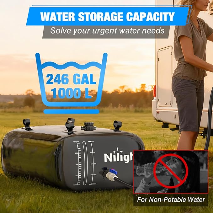 Nilight 246Gal/1000L Water Storage Bladder, RV Potable Water Bladder Tank Camping 1000D PVC Foldable Collapsible Storage Containers for Truck Bed Carrier Garden Irrigation Emergency Water Use, Black